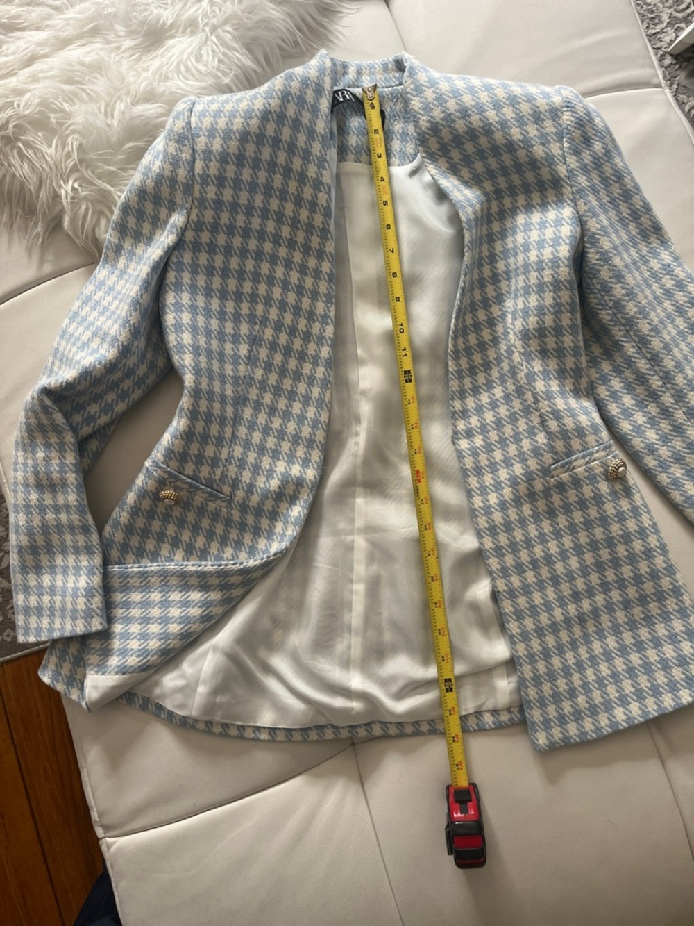 Zara Light Blue & White Houndstooth Collarless Blazer - Picture 11 of 14